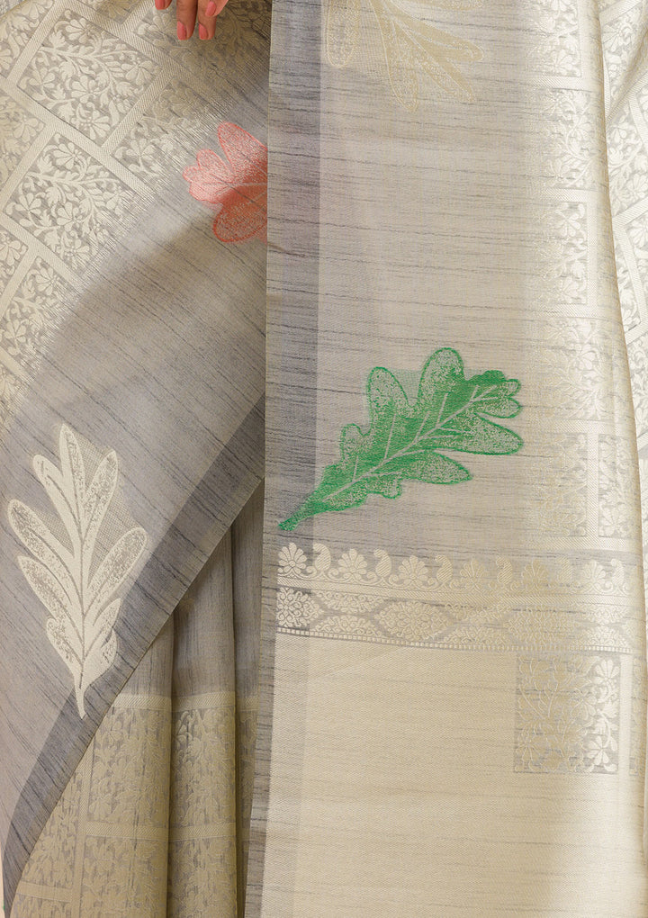 Silver Silk Jaal Gold Zariwork Saree With Matching Blouse Piece