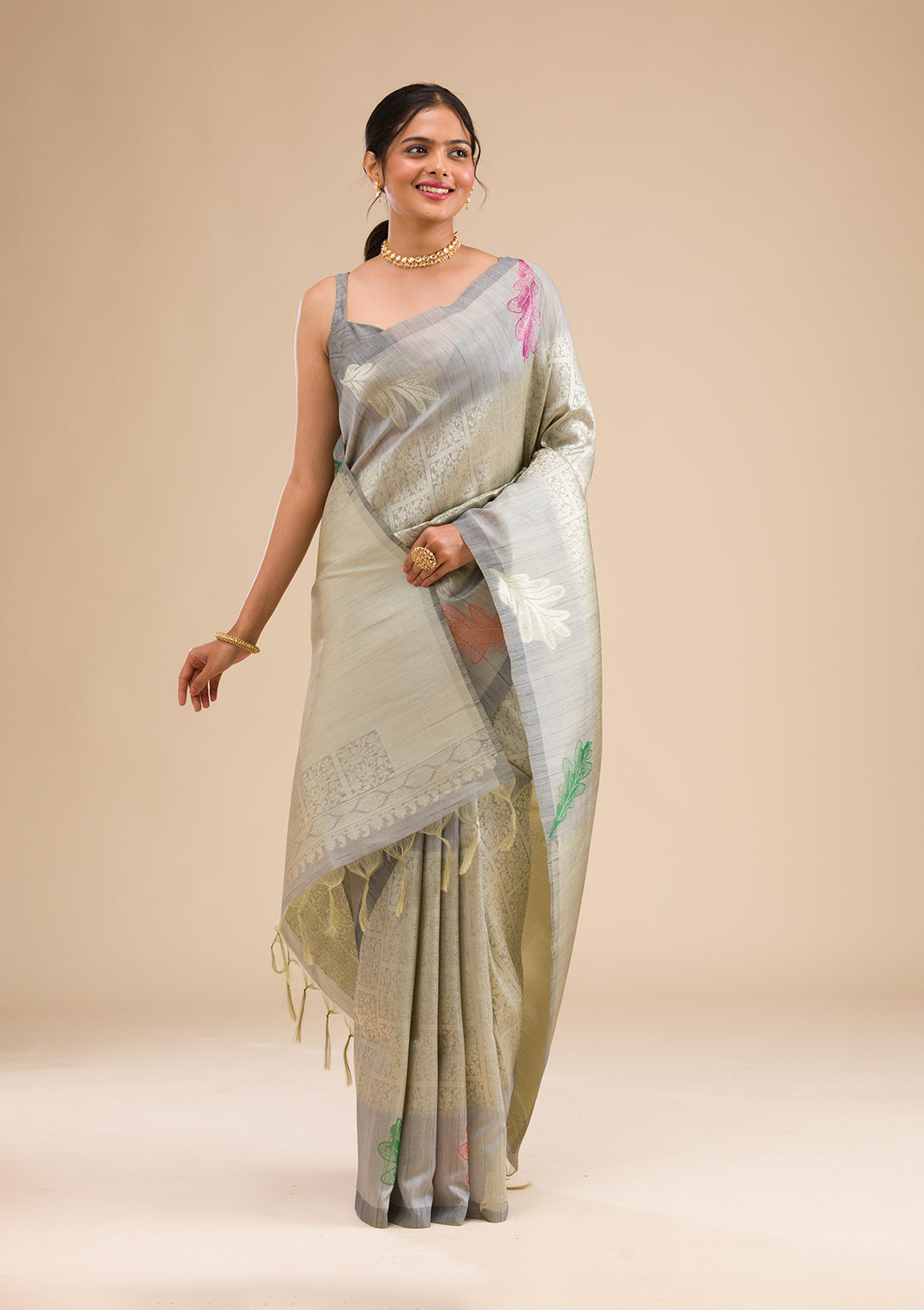 Silver Silk Jaal Gold Zariwork Saree With Matching Blouse Piece