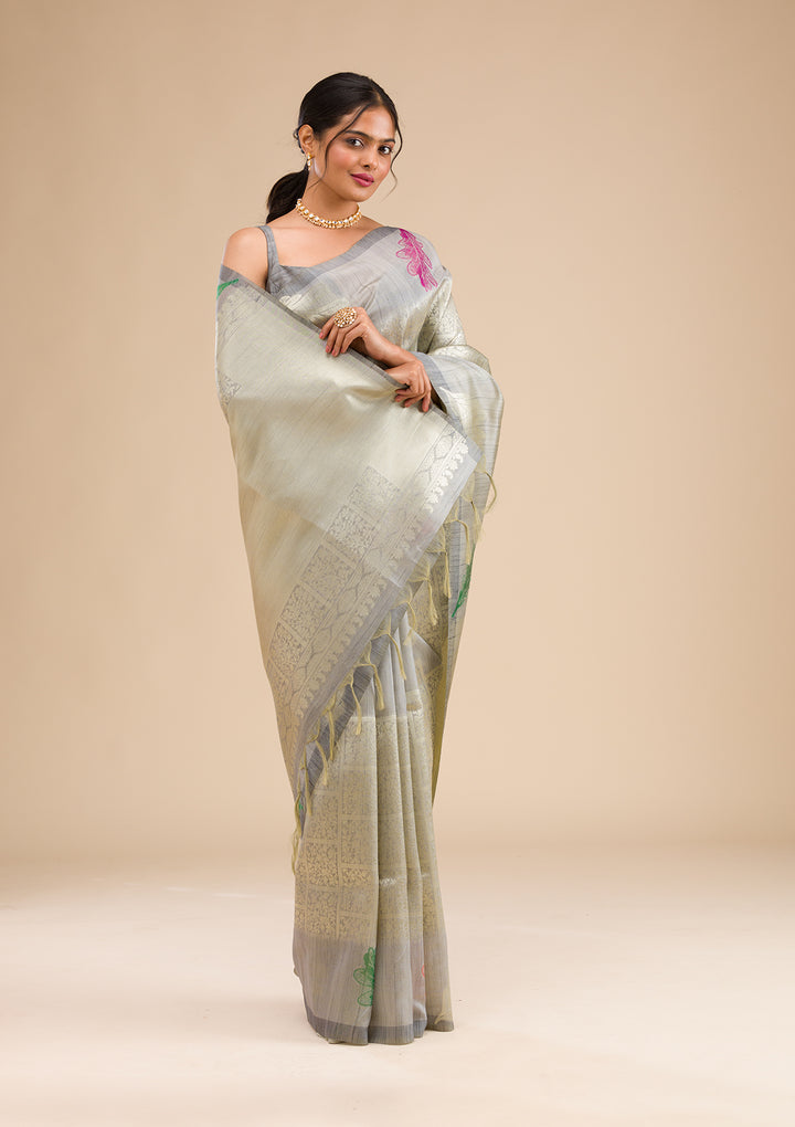 Silver Silk Jaal Gold Zariwork Saree With Matching Blouse Piece