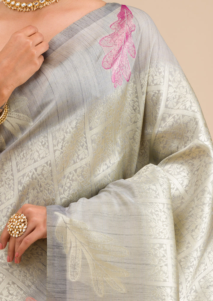 Silver Silk Jaal Gold Zariwork Saree With Matching Blouse Piece