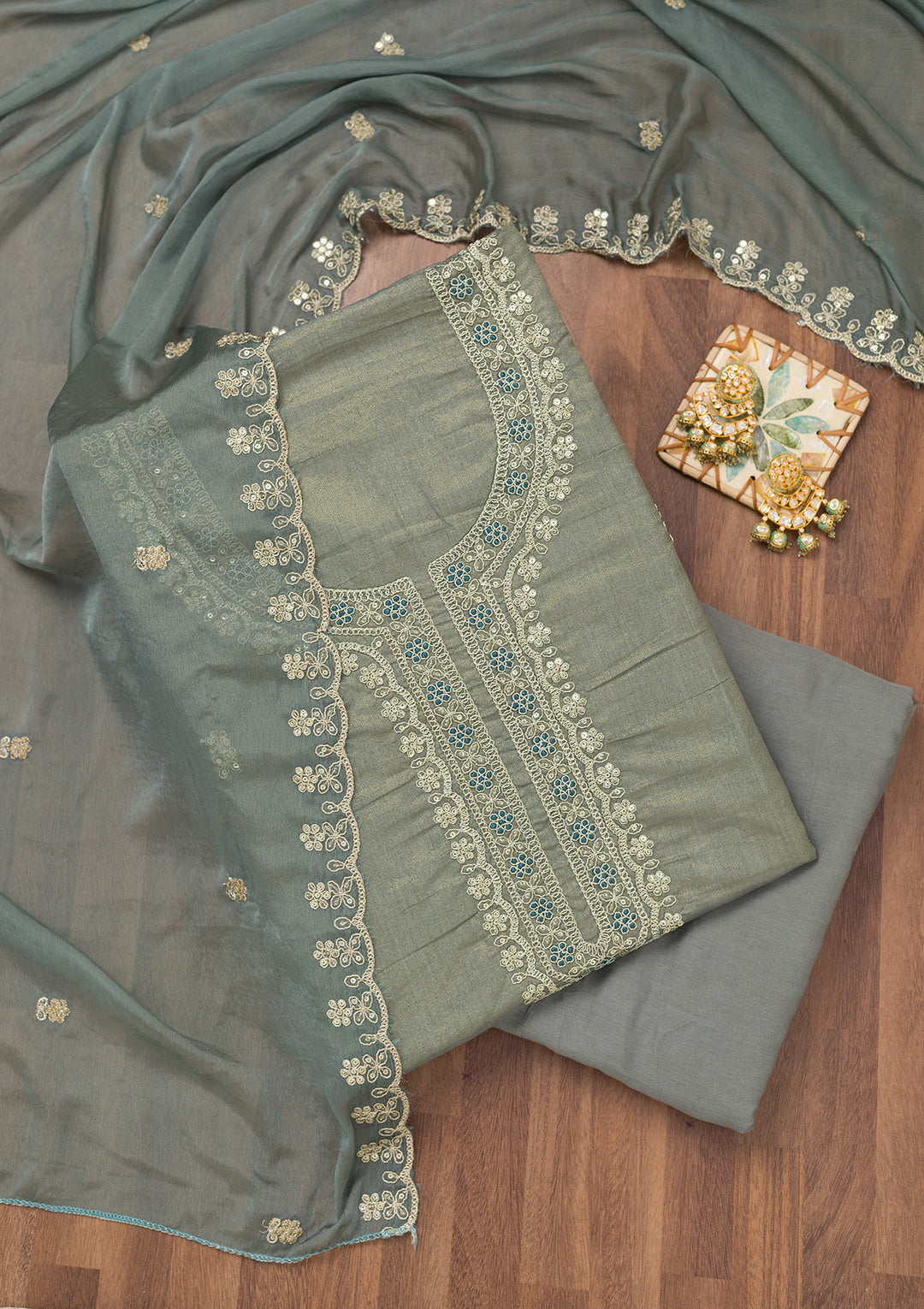 Koskii Tissue Green Salwar Suit – Unstitched with Exquisite Zariwork