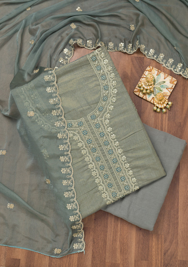 Koskii Tissue Green Salwar Suit – Unstitched with Exquisite Zariwork