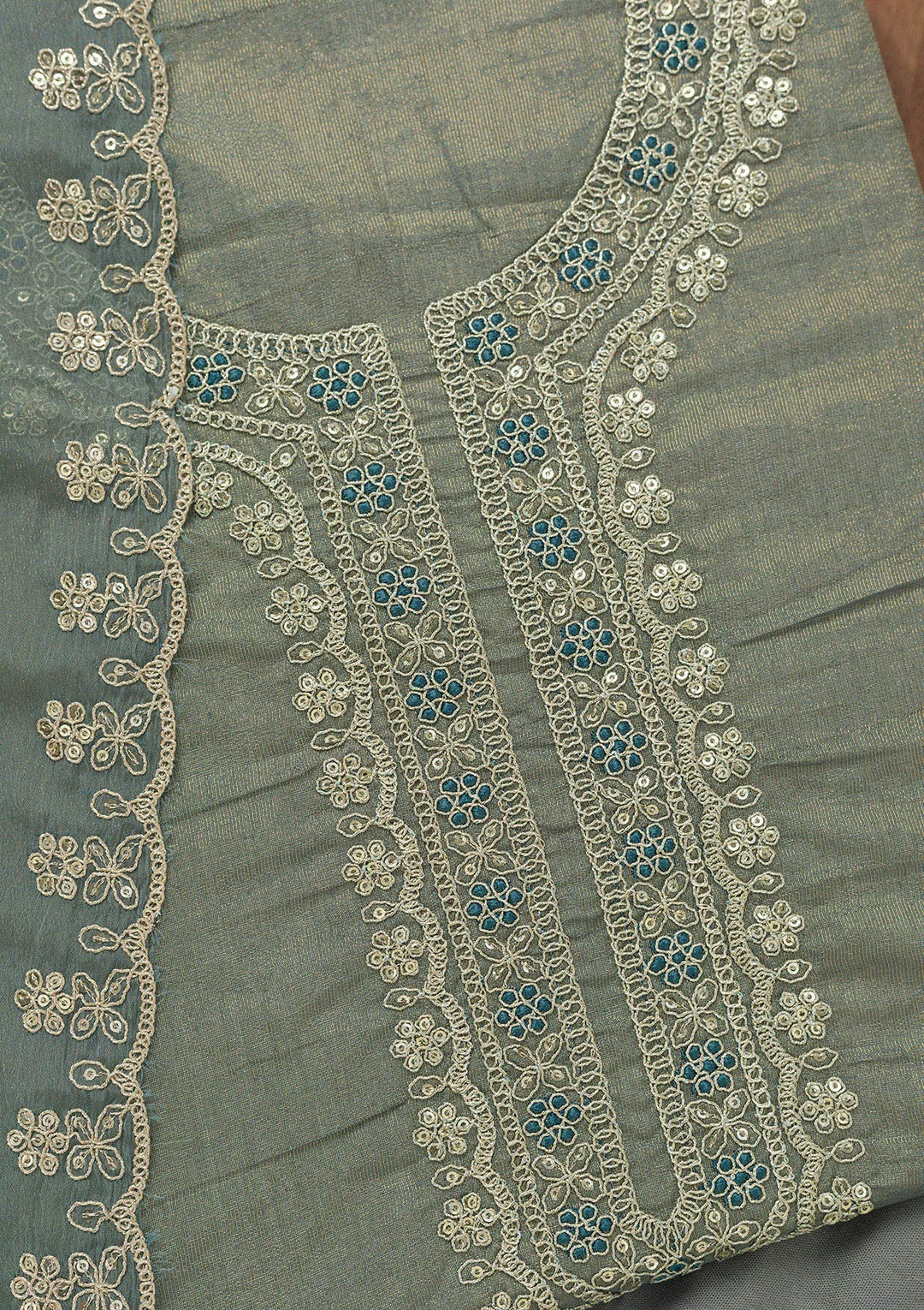 Koskii Tissue Green Salwar Suit – Unstitched with Exquisite Zariwork