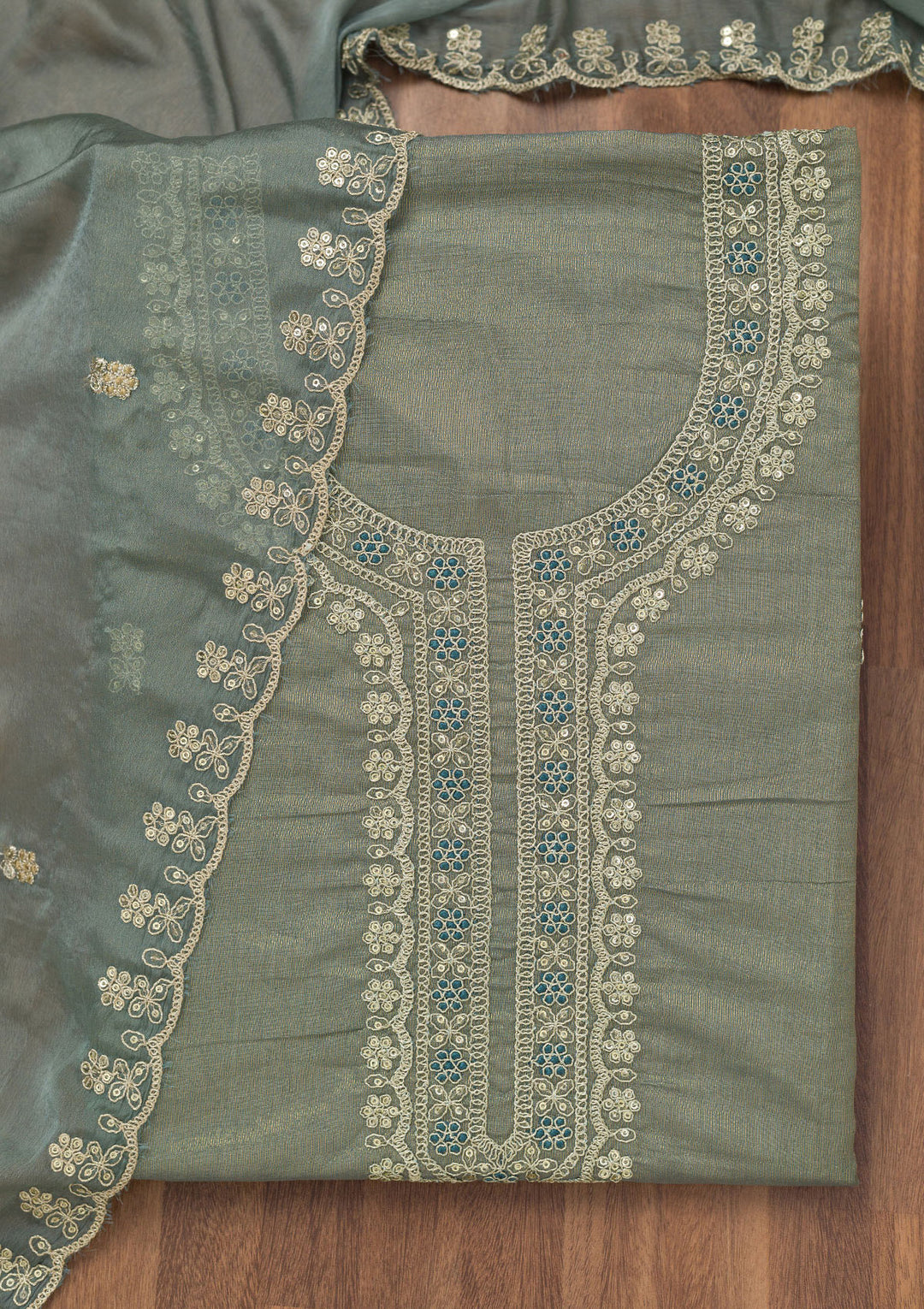 Koskii Tissue Green Salwar Suit – Unstitched with Exquisite Zariwork