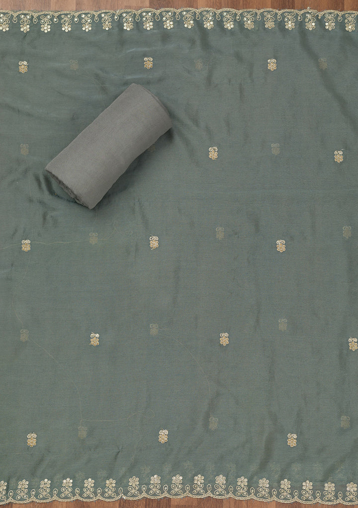 Koskii Tissue Green Salwar Suit – Unstitched with Exquisite Zariwork