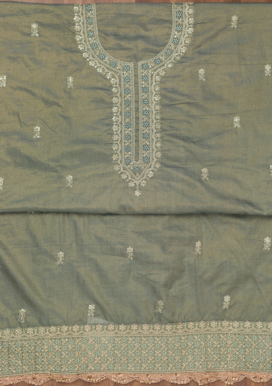 Koskii Tissue Green Salwar Suit – Unstitched with Exquisite Zariwork