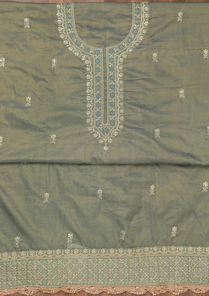 Koskii Tissue Green Salwar Suit – Unstitched with Exquisite Zariwork