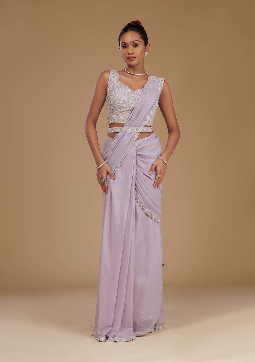 Lavender Chiffon Sequins Saree With Matching Blouse Piece