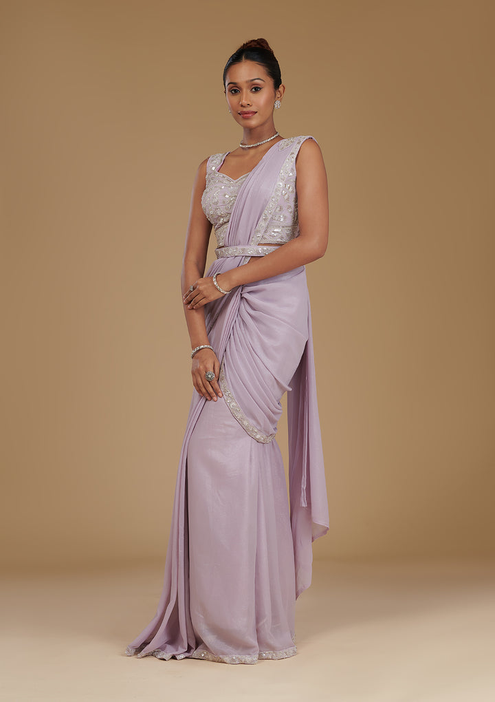 Lavender Chiffon Sequins Saree With Matching Blouse Piece