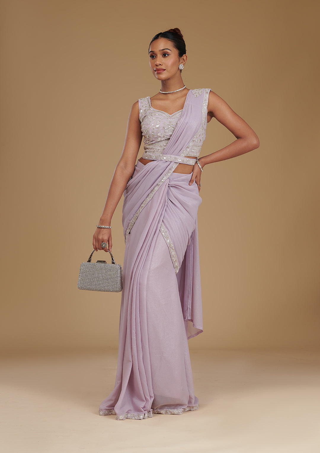 Lavender Chiffon Sequins Saree With Matching Blouse Piece