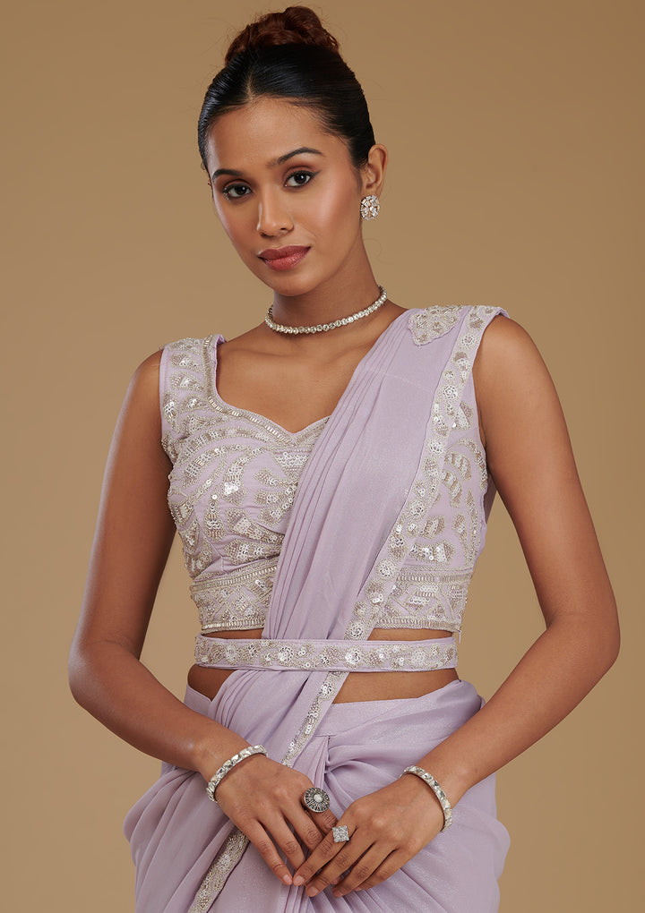 Lavender Chiffon Sequins Saree With Matching Blouse Piece