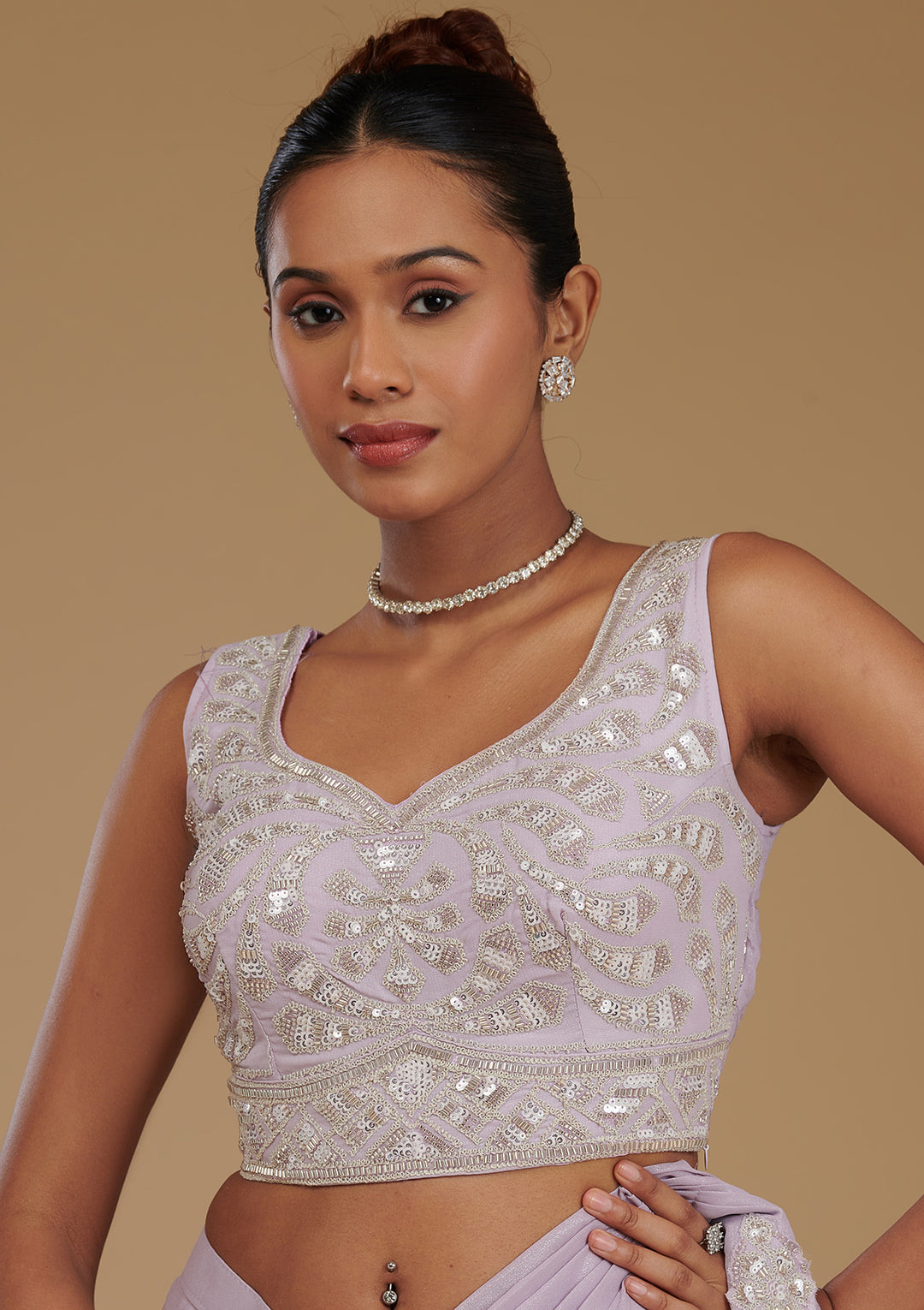 Lavender Chiffon Sequins Saree With Matching Blouse Piece