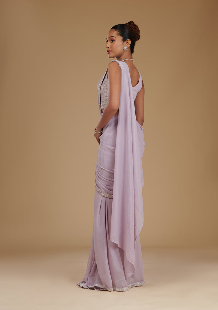 Lavender Chiffon Sequins Saree With Matching Blouse Piece