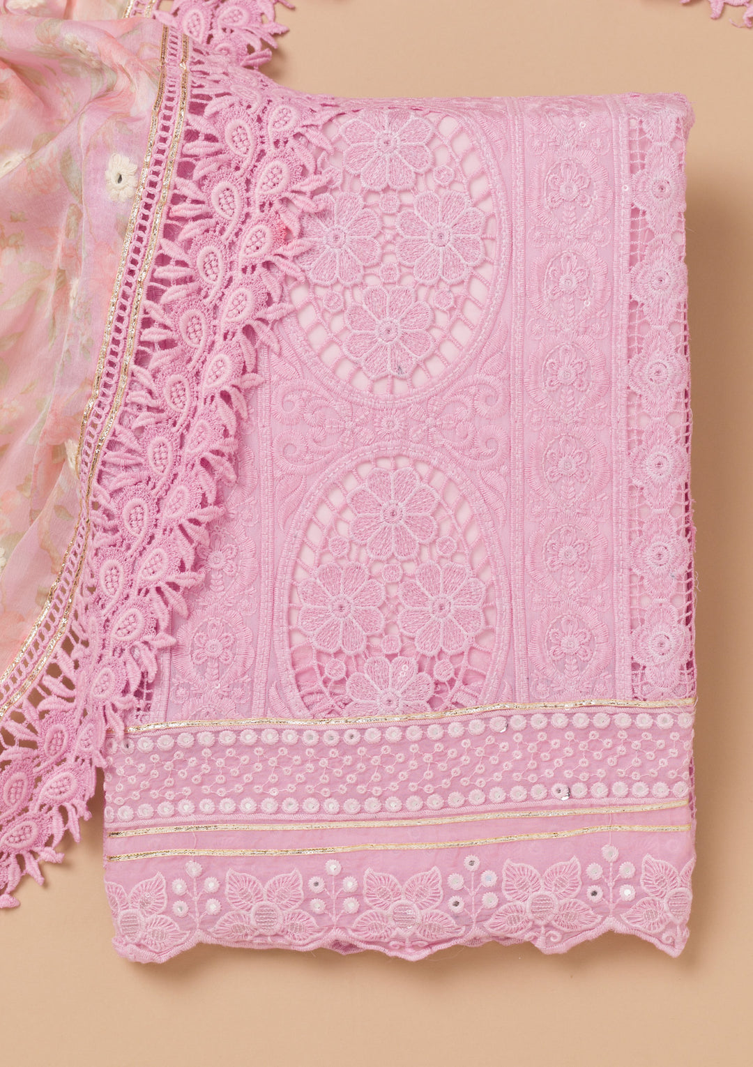 Lavender Georgette Threadwork Unstitched Dress Material With Matching Bottom And Dupatta