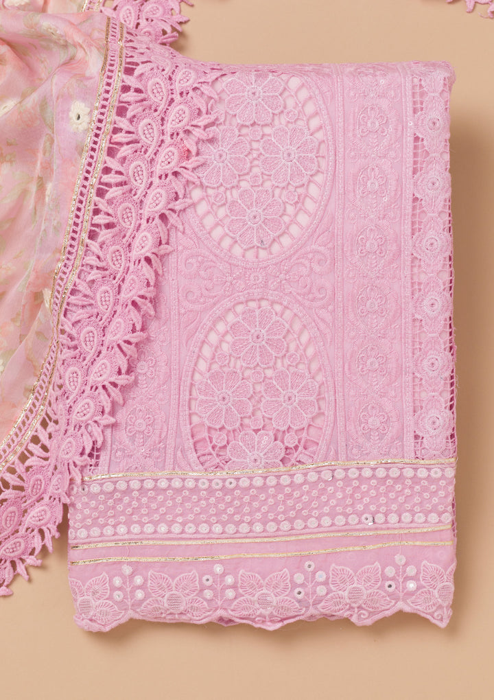 Lavender Georgette Threadwork Unstitched Dress Material With Matching Bottom And Dupatta