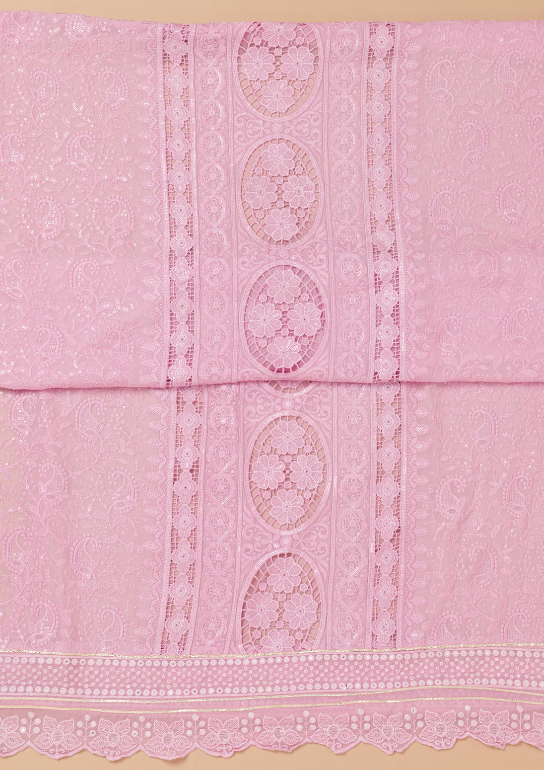 Lavender Georgette Threadwork Unstitched Dress Material With Matching Bottom And Dupatta