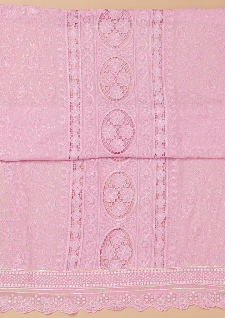 Lavender Georgette Threadwork Unstitched Dress Material With Matching Bottom And Dupatta