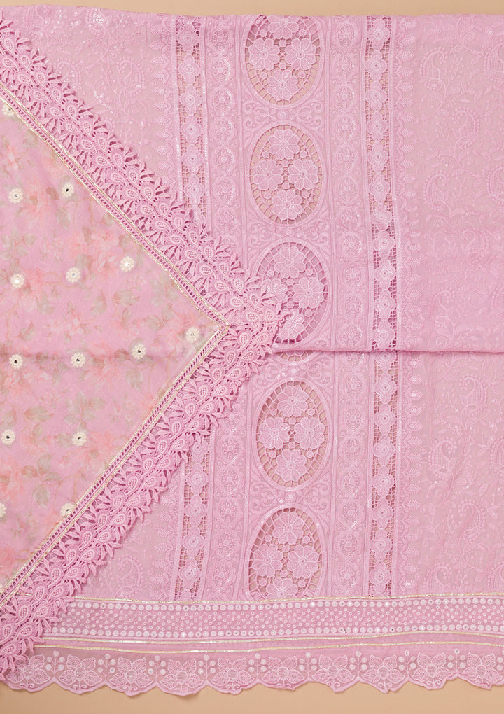 Lavender Georgette Threadwork Unstitched Dress Material With Matching Bottom And Dupatta