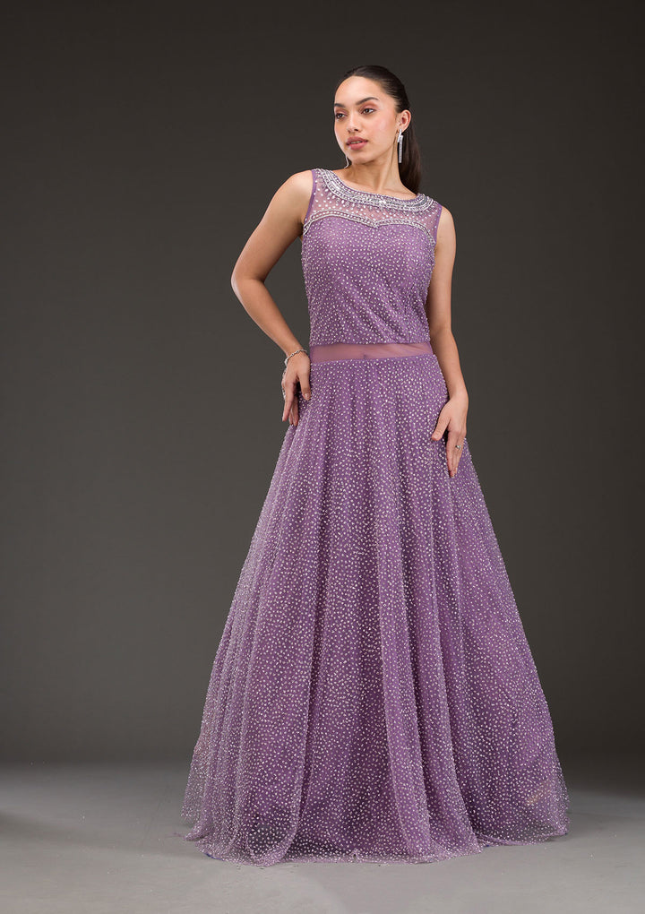 Koskii Net Purple Gown with Glitter Embroidery – Elegant Evening Wear