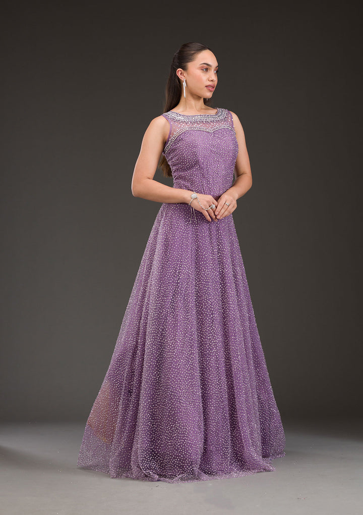 Koskii Net Purple Gown with Glitter Embroidery – Elegant Evening Wear