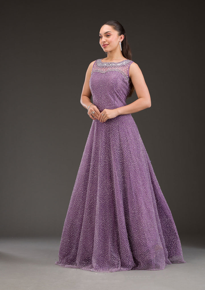 Koskii Net Purple Gown with Glitter Embroidery – Elegant Evening Wear