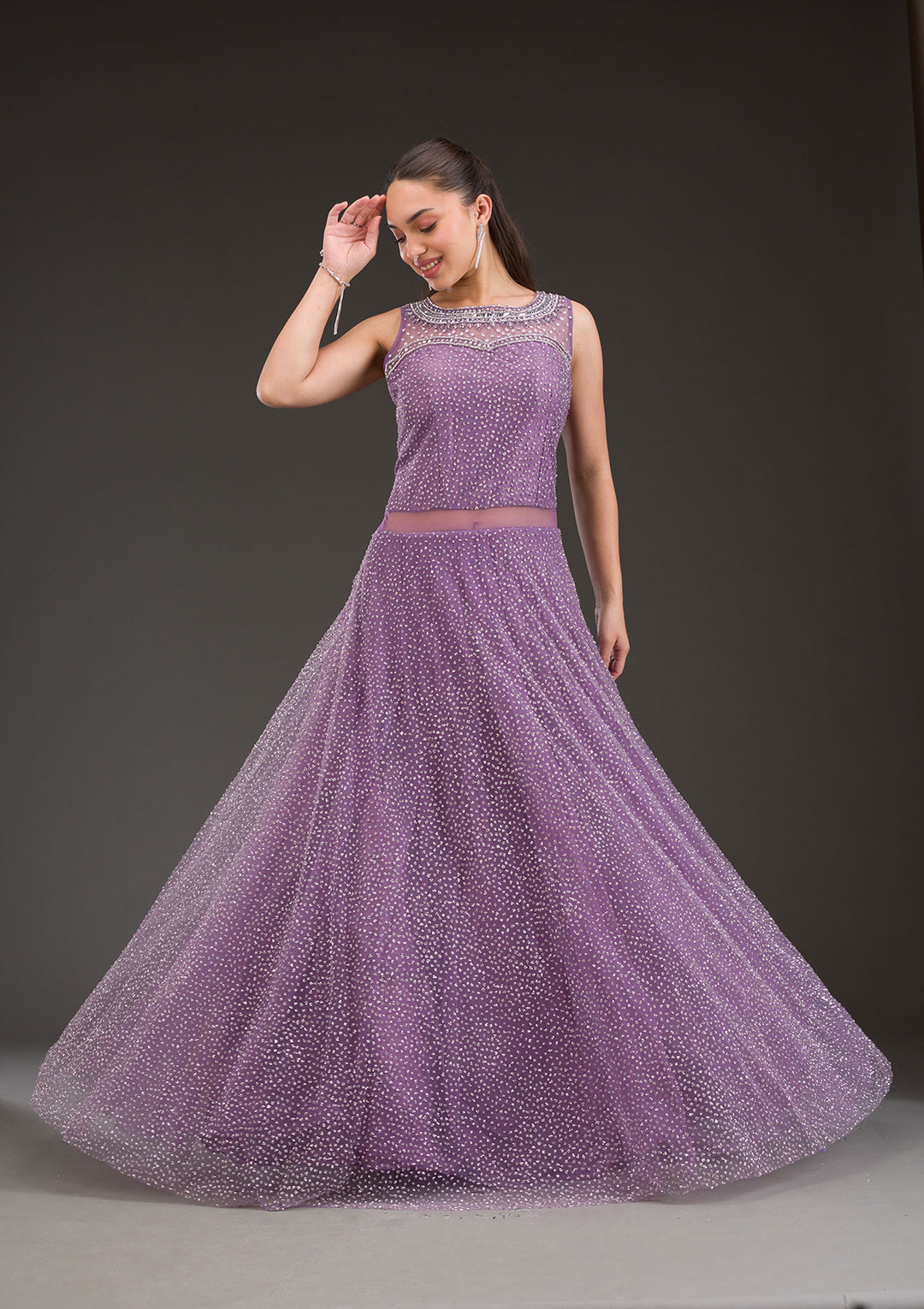 Koskii Net Purple Gown with Glitter Embroidery – Elegant Evening Wear