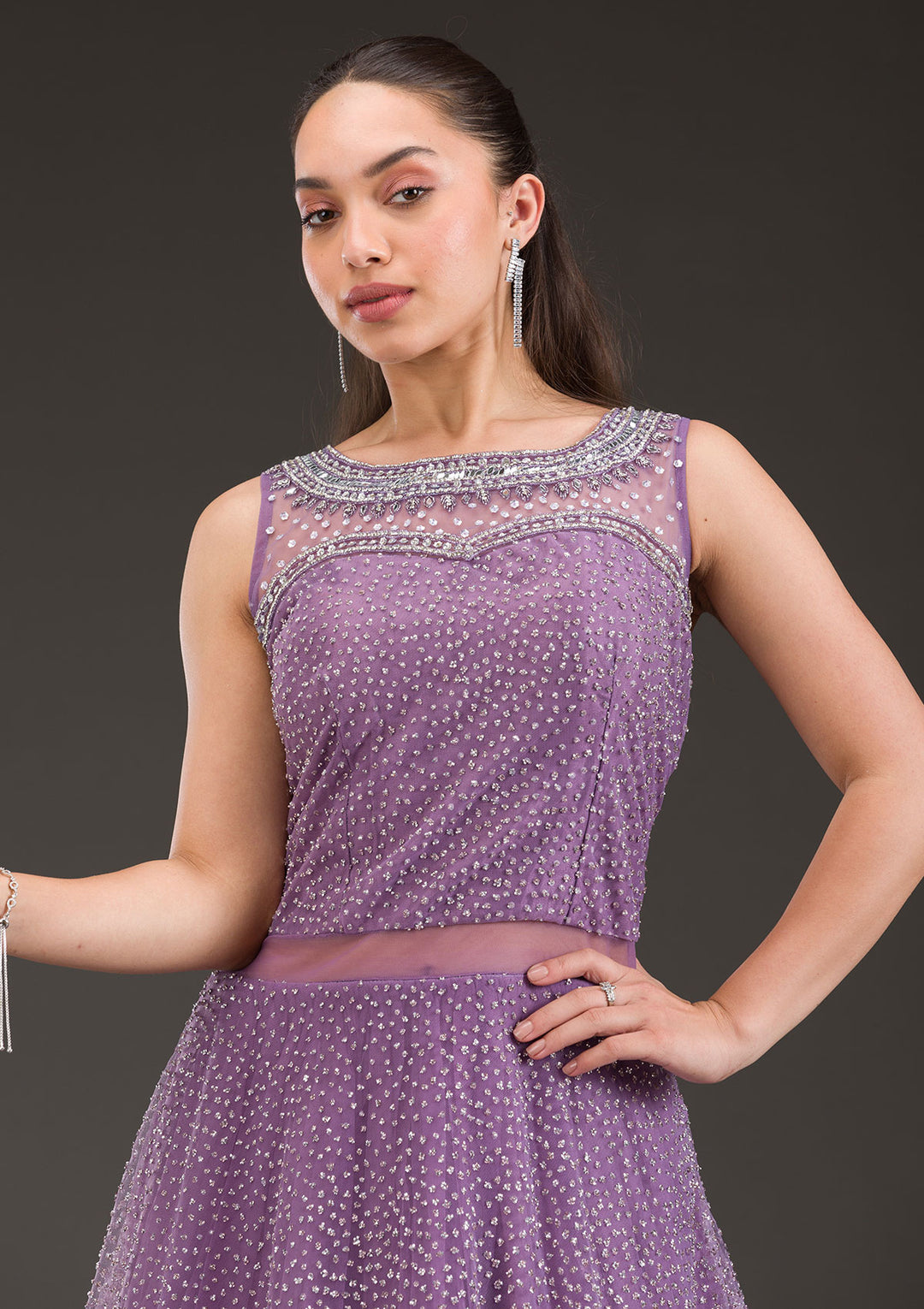 Koskii Net Purple Gown with Glitter Embroidery – Elegant Evening Wear