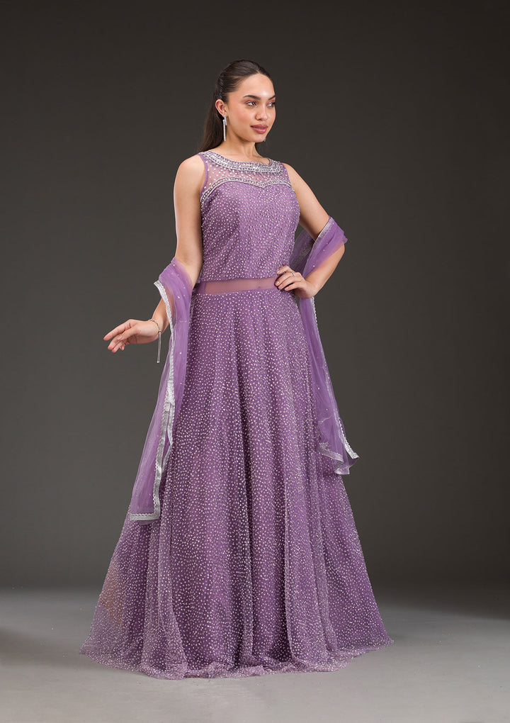 Koskii Net Purple Gown with Glitter Embroidery – Elegant Evening Wear