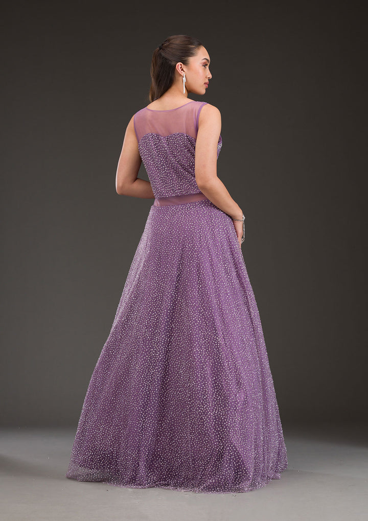 Koskii Net Purple Gown with Glitter Embroidery – Elegant Evening Wear