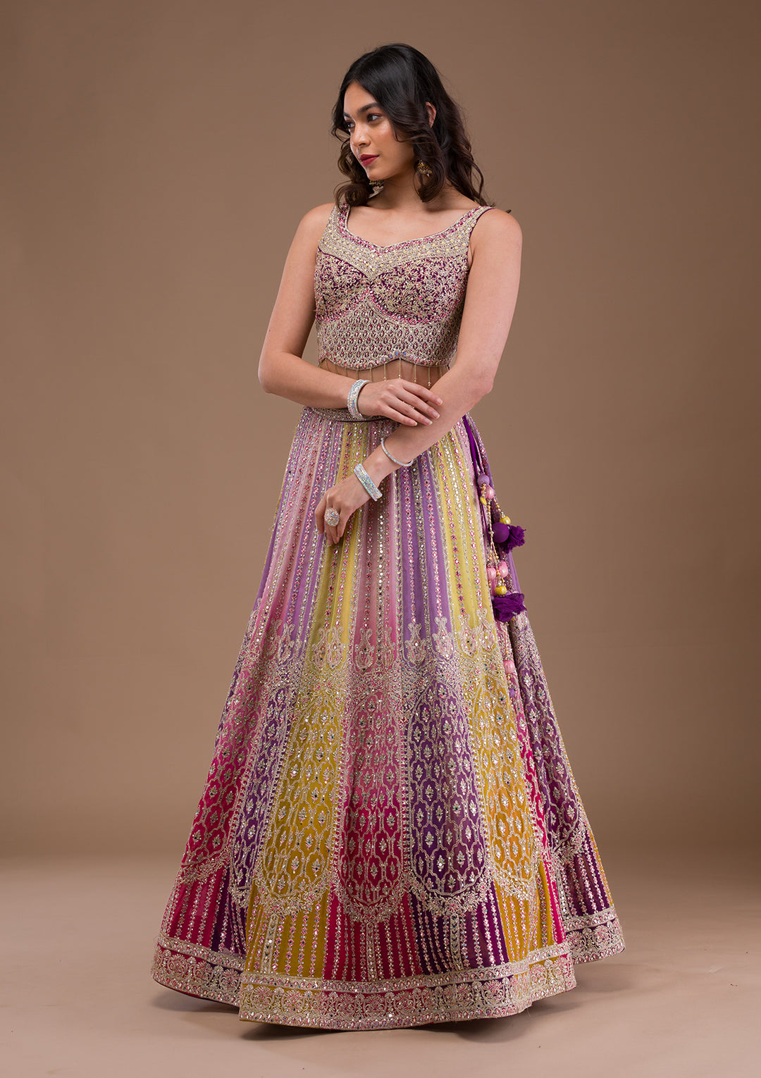 Lavender Mirrorwork Georgette Readymade Lehenga