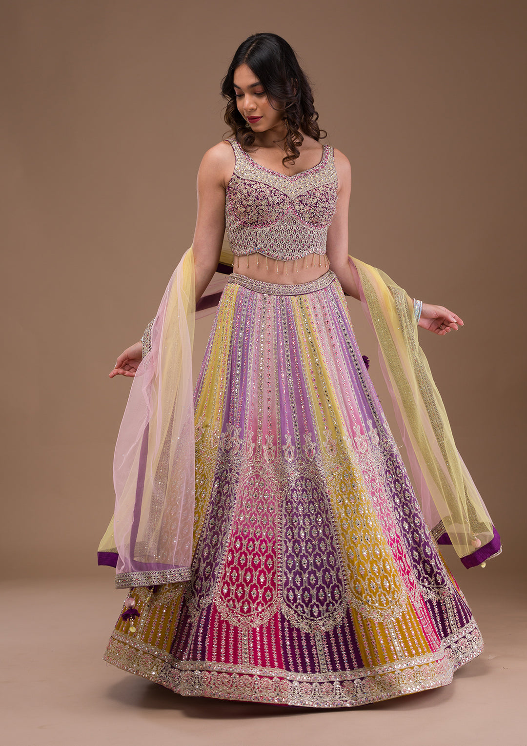 Lavender Mirrorwork Georgette Readymade Lehenga