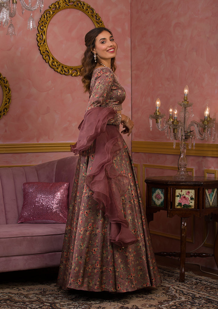 Lavender Printed Semi Crepe Readymade Lehenga-Koskii