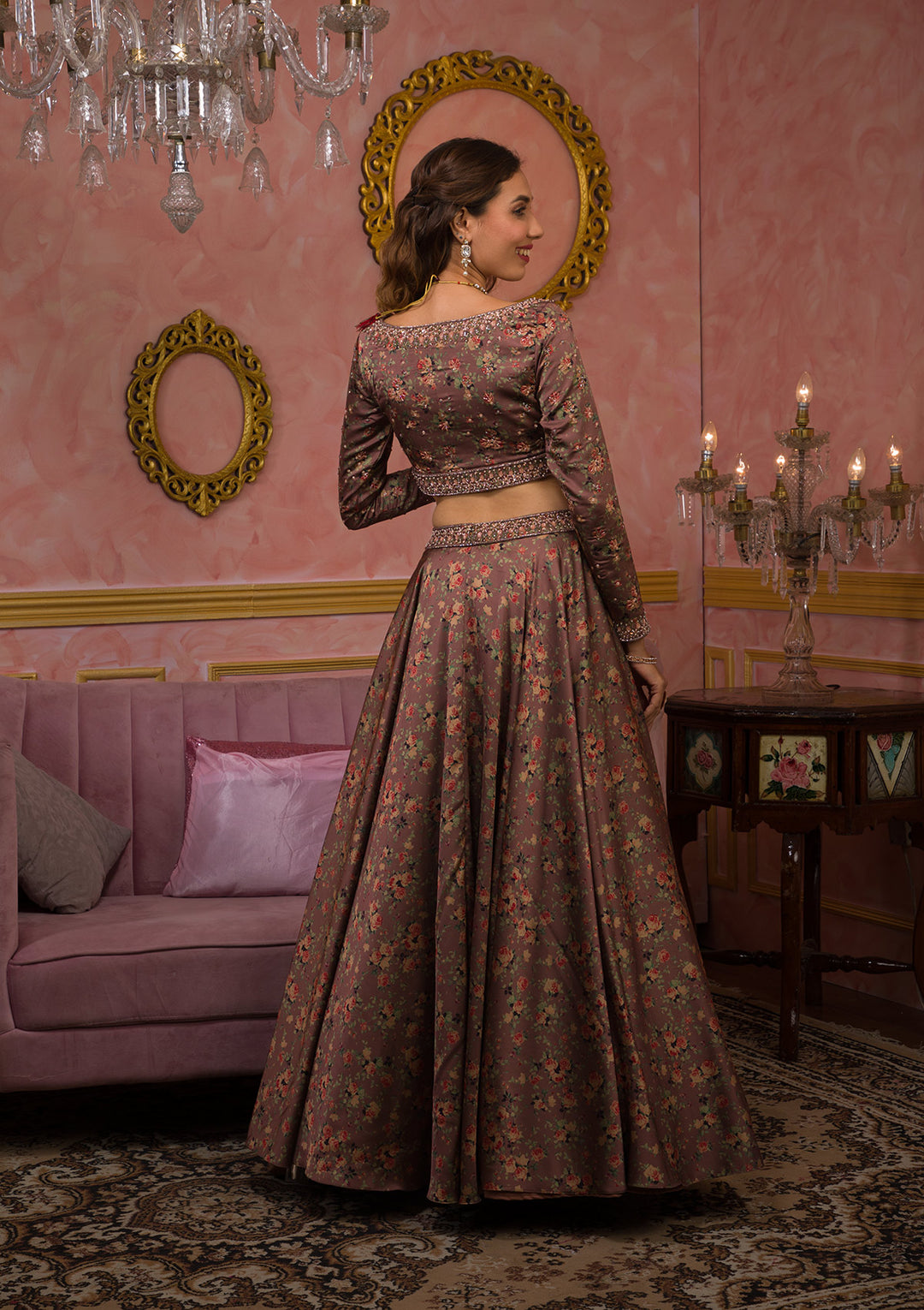 Lavender Printed Semi Crepe Readymade Lehenga