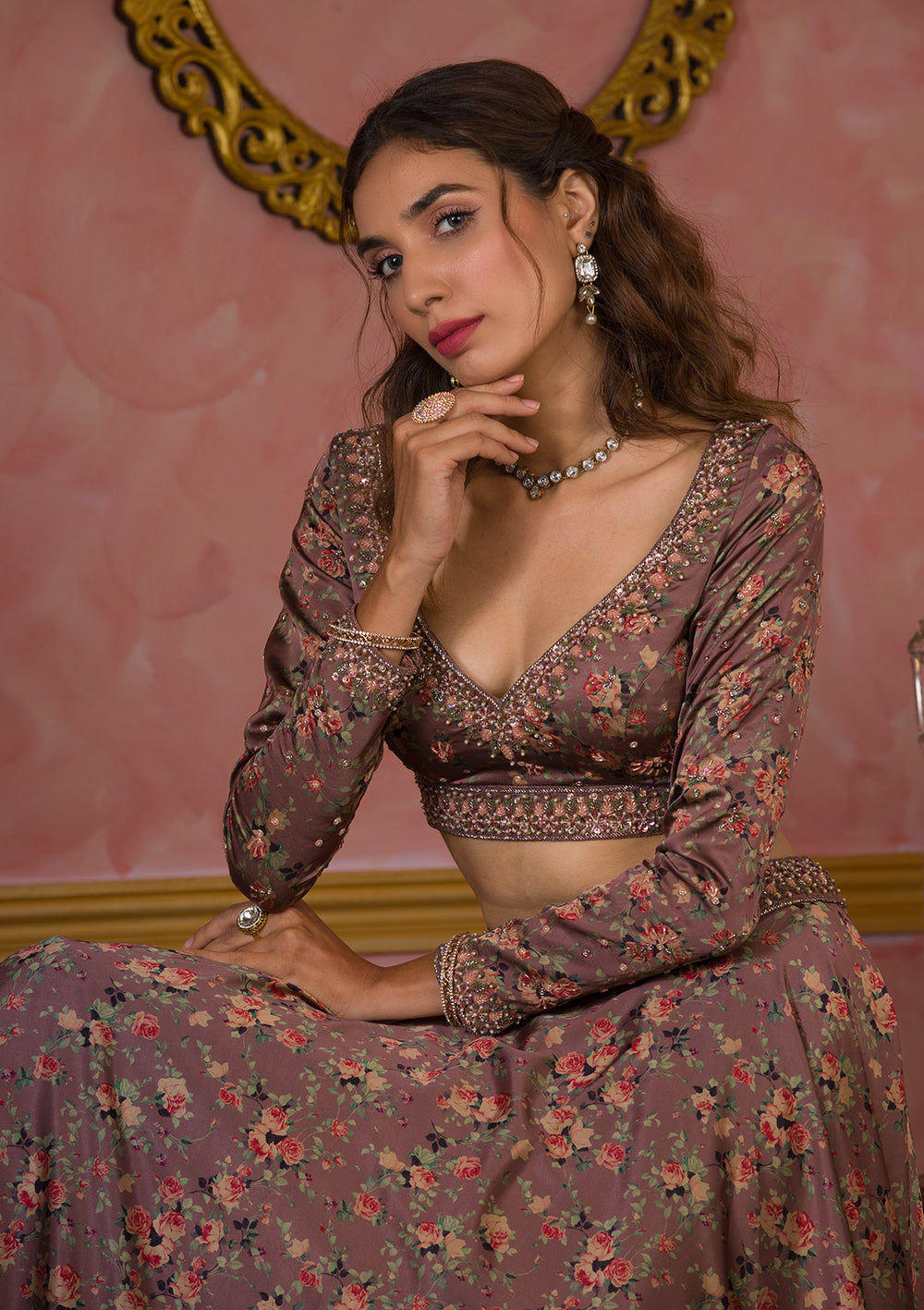 Lavender Printed Semi Crepe Readymade Lehenga-Koskii