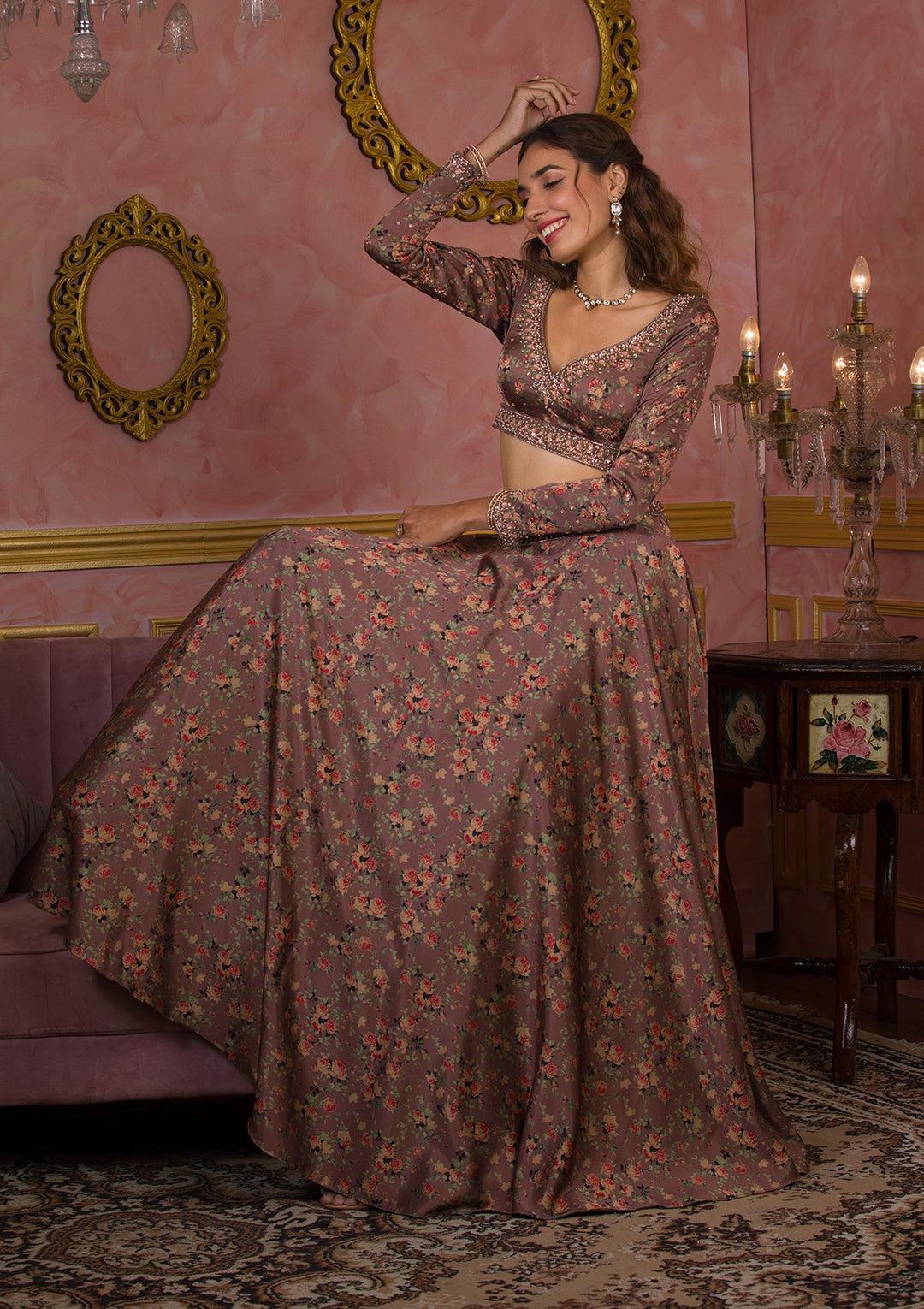 Lavender Printed Semi Crepe Readymade Lehenga