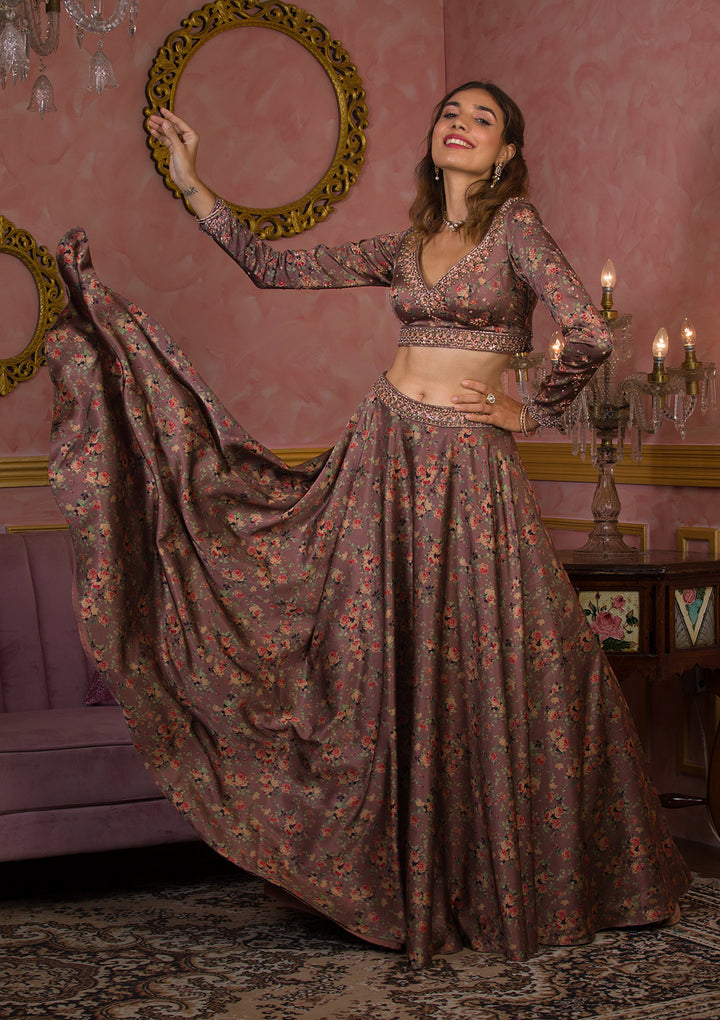 Lavender Printed Semi Crepe Readymade Lehenga