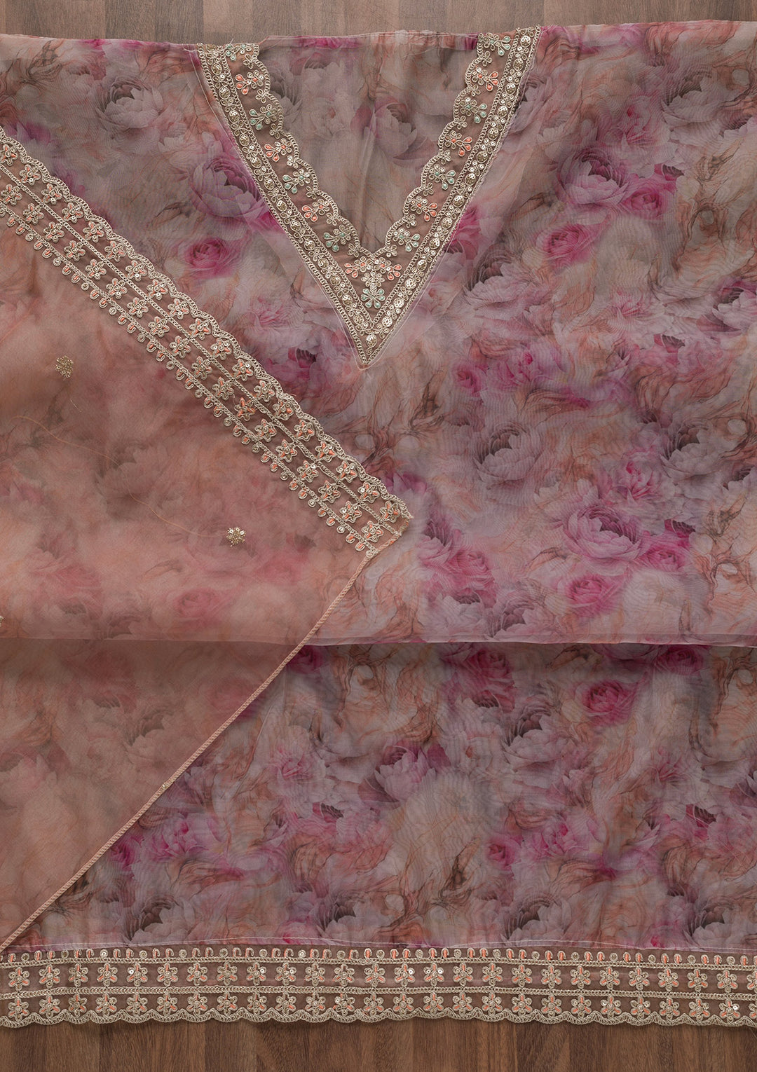 Lavender Printed Organza Unstitched Salwar Suit