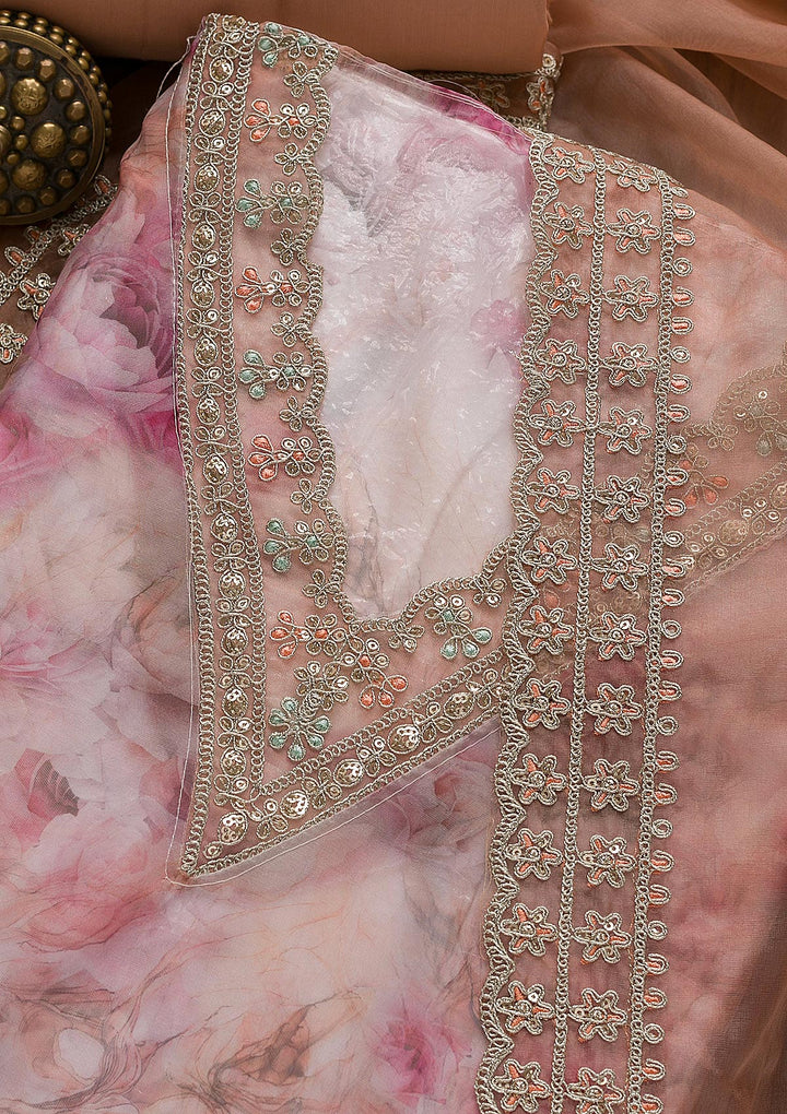 Lavender Printed Organza Unstitched Salwar Suit