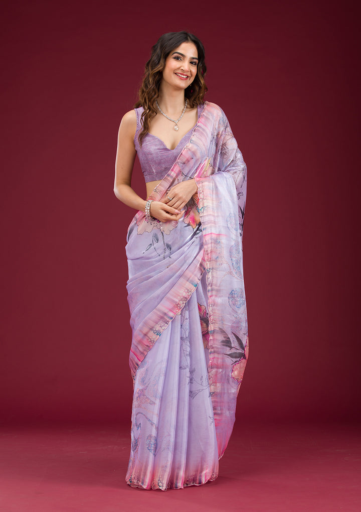 Koskii Organza Lavender Saree – Elegance in Embroidery