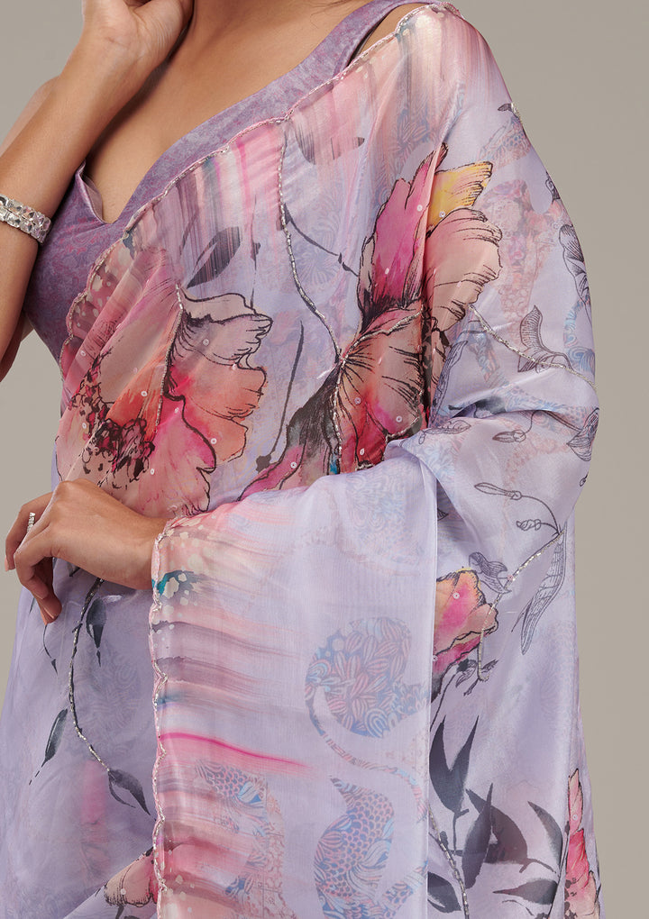 Koskii Organza Lavender Saree – Elegance in Embroidery
