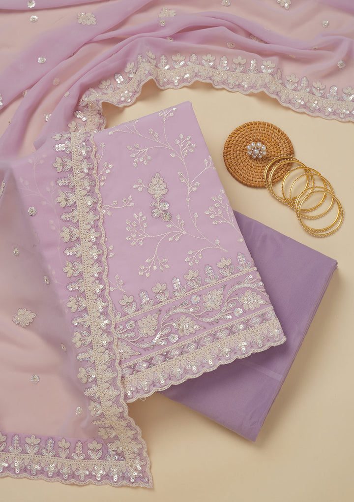 Lavender Georgette Sequins Unstitched Dress Material With Matching Bottom And Dupatta