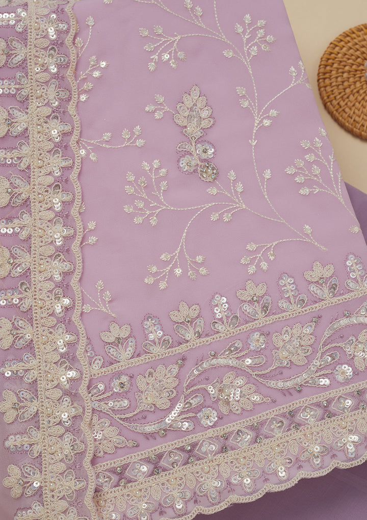 Lavender Georgette Sequins Unstitched Dress Material With Matching Bottom And Dupatta