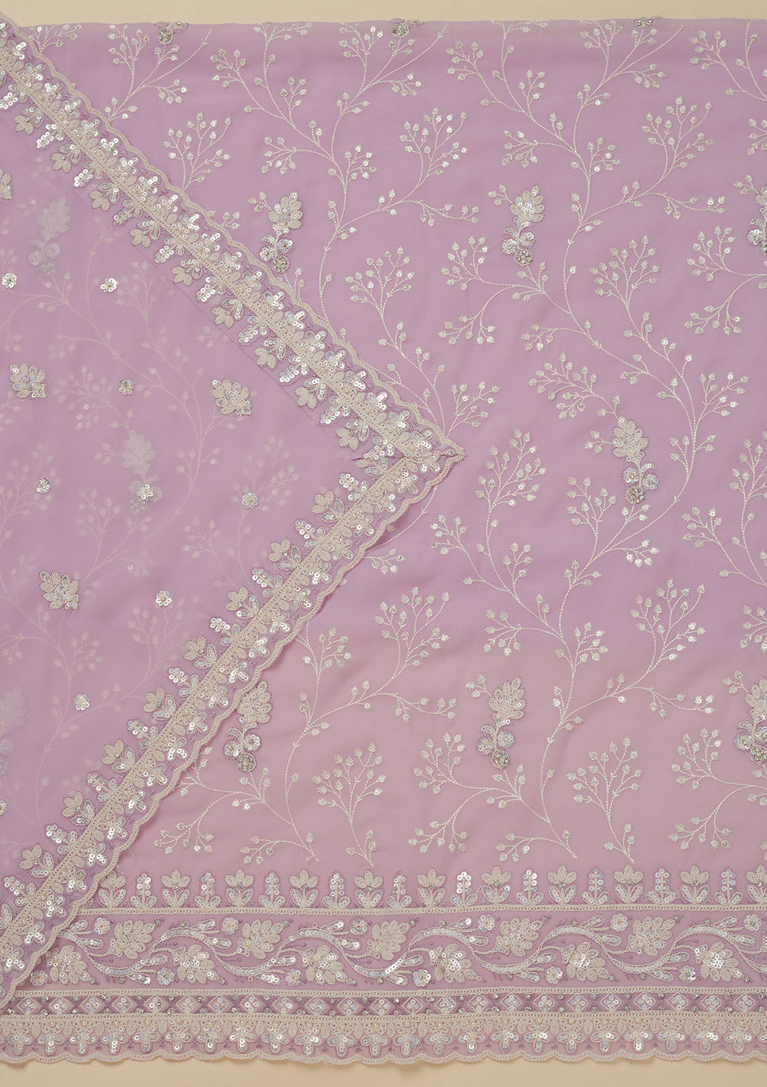Lavender Georgette Sequins Unstitched Dress Material With Matching Bottom And Dupatta