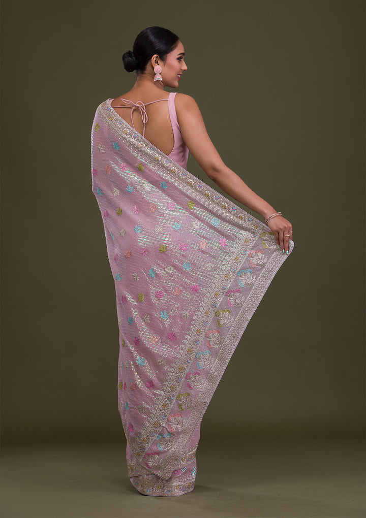 Lavender Georgette Silver Zariwork Saree With Matching Blouse Piece