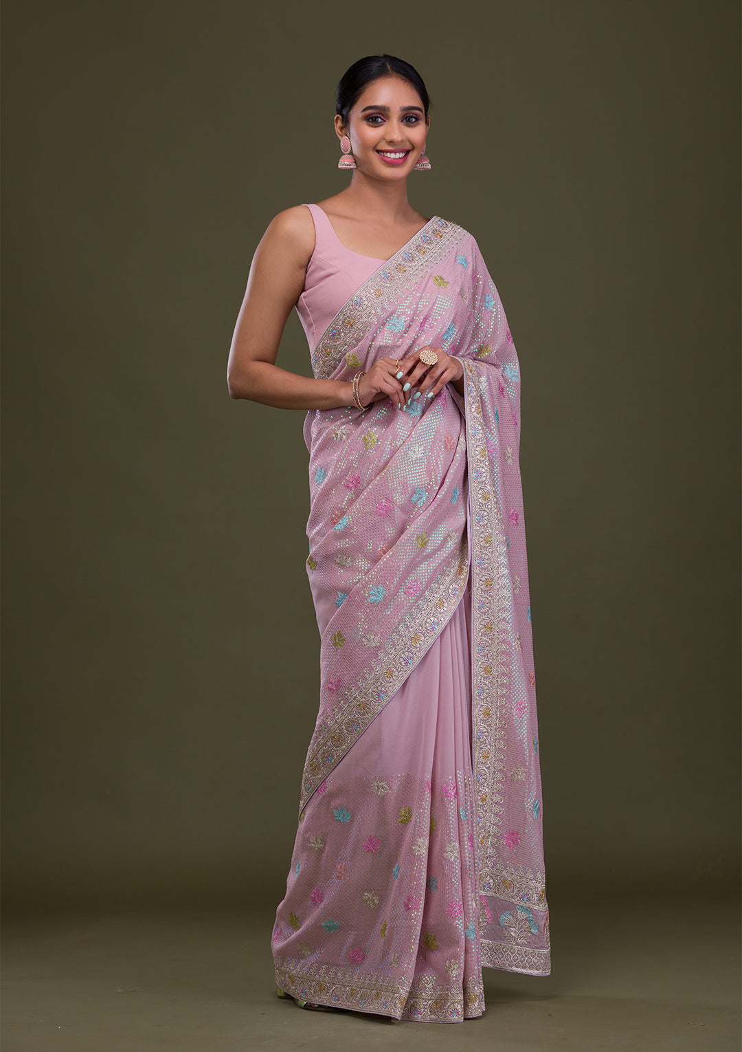 Lavender Georgette Silver Zariwork Saree With Matching Blouse Piece