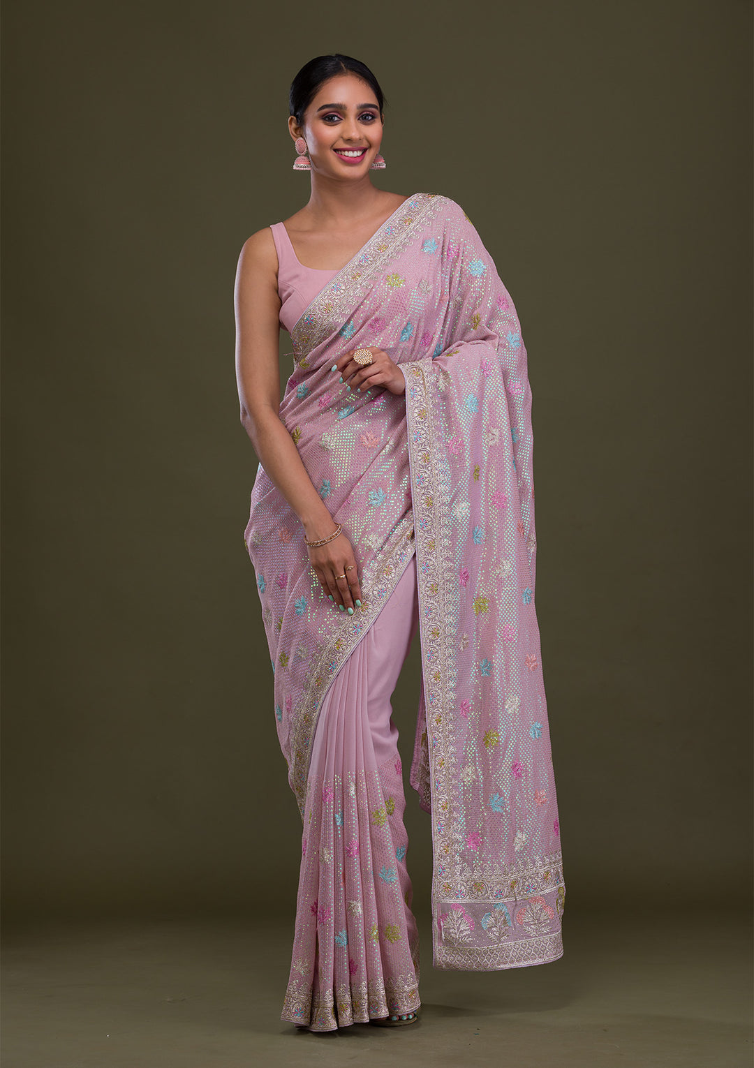 Lavender Georgette Silver Zariwork Saree With Matching Blouse Piece