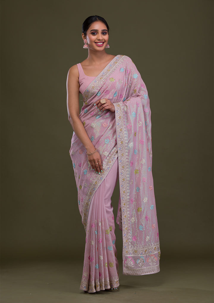 Lavender Georgette Silver Zariwork Saree With Matching Blouse Piece