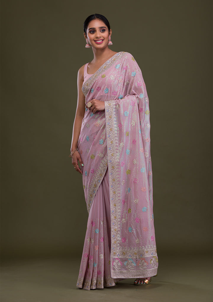 Lavender Georgette Silver Zariwork Saree With Matching Blouse Piece