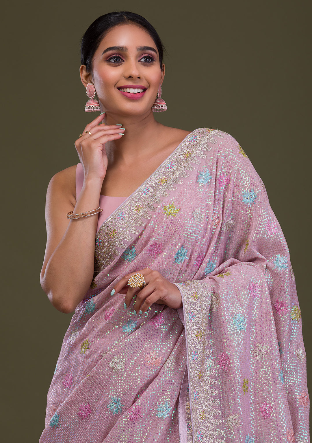 Lavender Georgette Silver Zariwork Saree With Matching Blouse Piece