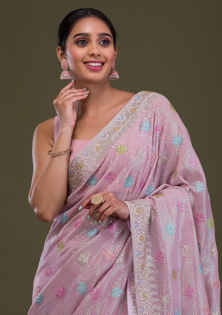 Lavender Georgette Silver Zariwork Saree With Matching Blouse Piece